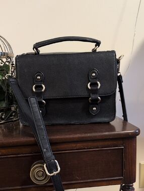Classic Black Crossbody Satchel Briefcase Style Silver Hardware